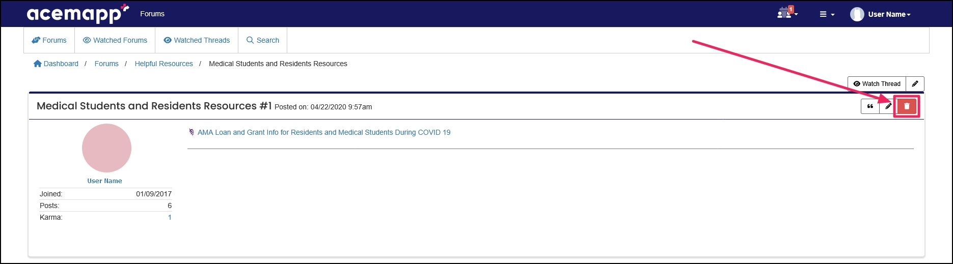 Thread posts example highlighting Delete button.