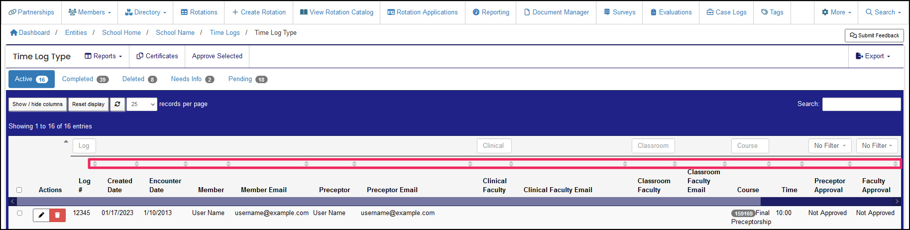 Time log table highlighting the sort column button.
