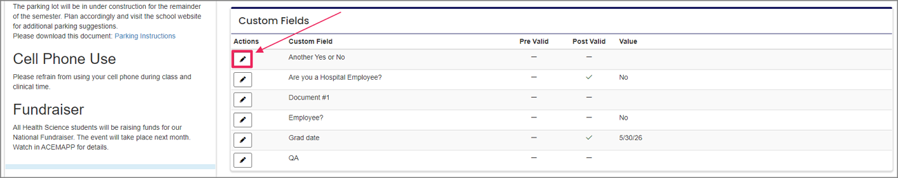 Custom fields panel highlighting the custom field edit button.