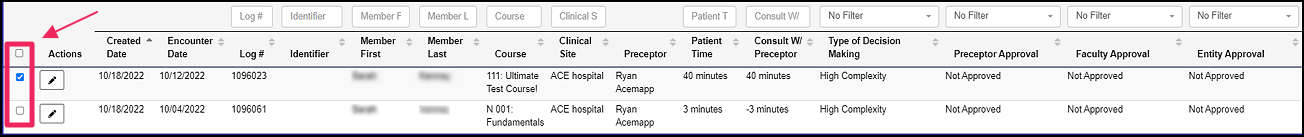 case log table highlighting select checkboxes