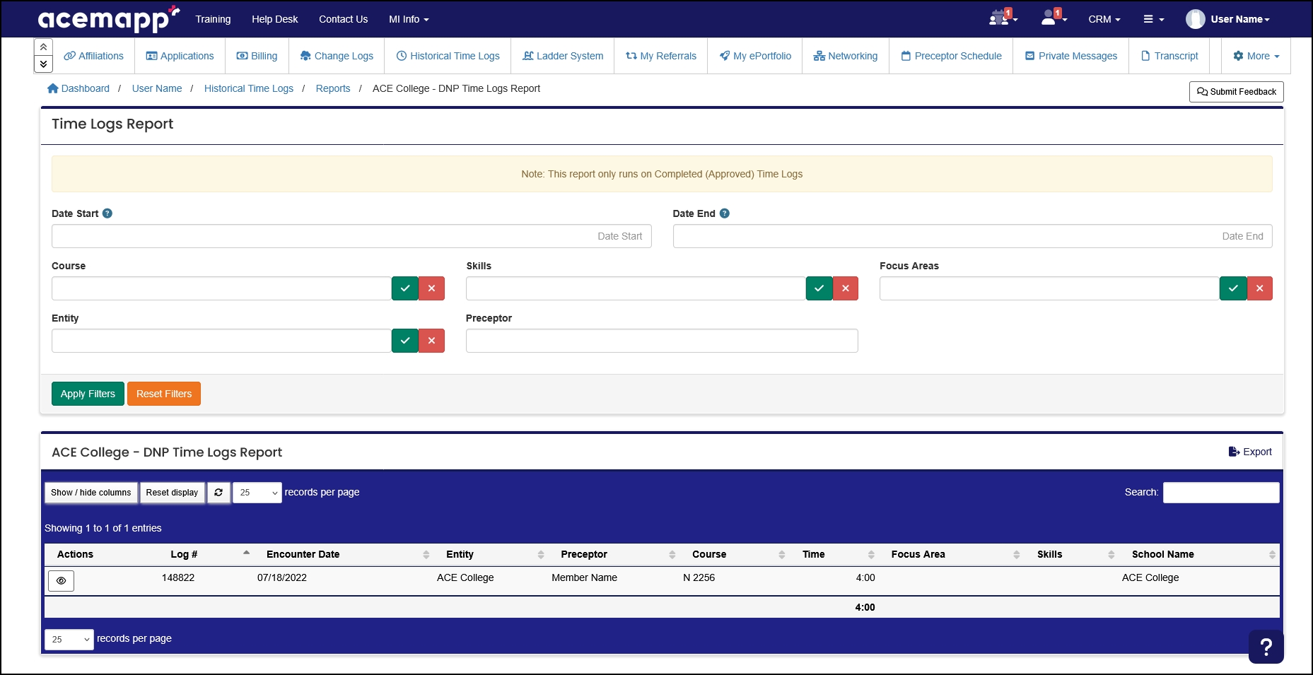 Historical Time Logs Report filter options example.