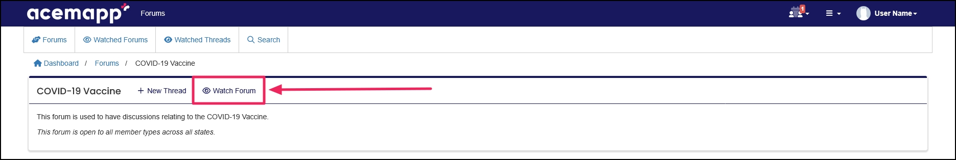 Forum List highlighting Watch Forum button.