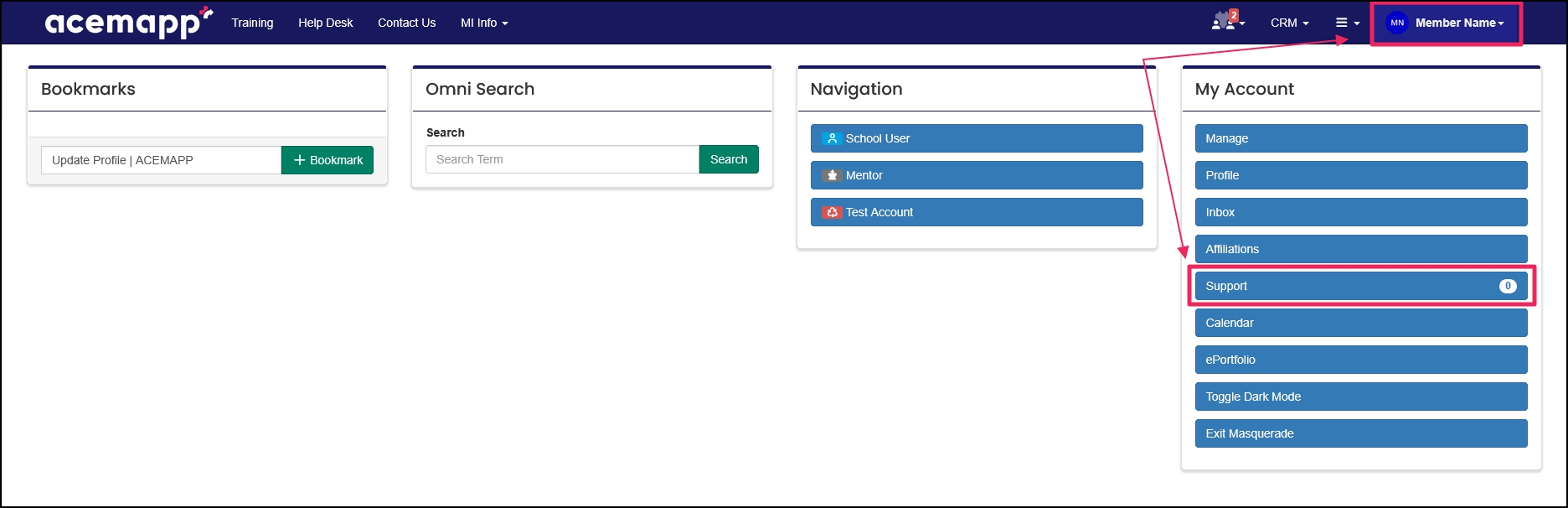 Screenshot showing the Contact Us button in the ACEMAPP header with an arrow pointing to it.