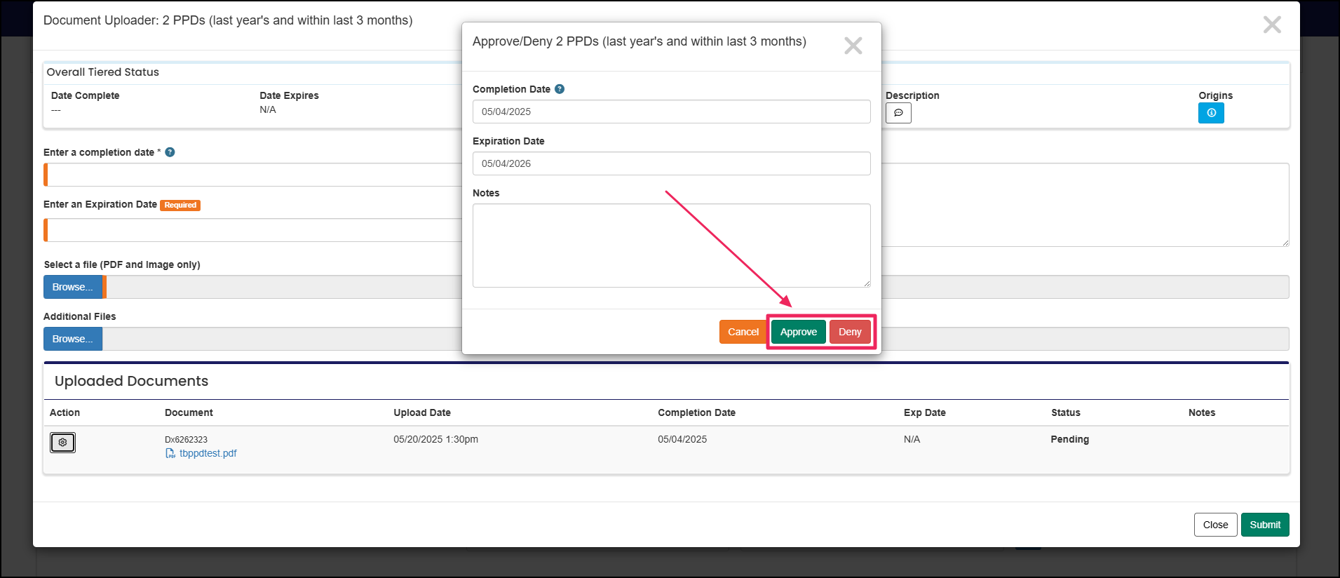 Document status page highlighting Approve and Deny buttons.