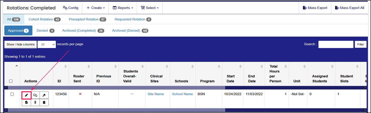 Rotations table highlighting edit button in the actions column.