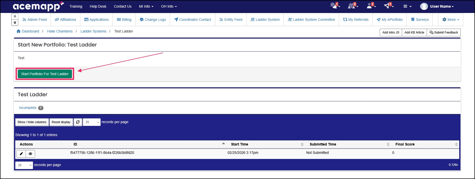 Practice Ladder table highlighting Start Portfolio for Ladder button.