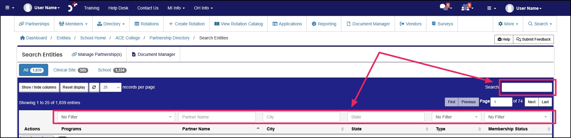 Search Entities page highlighting column filters and search field.