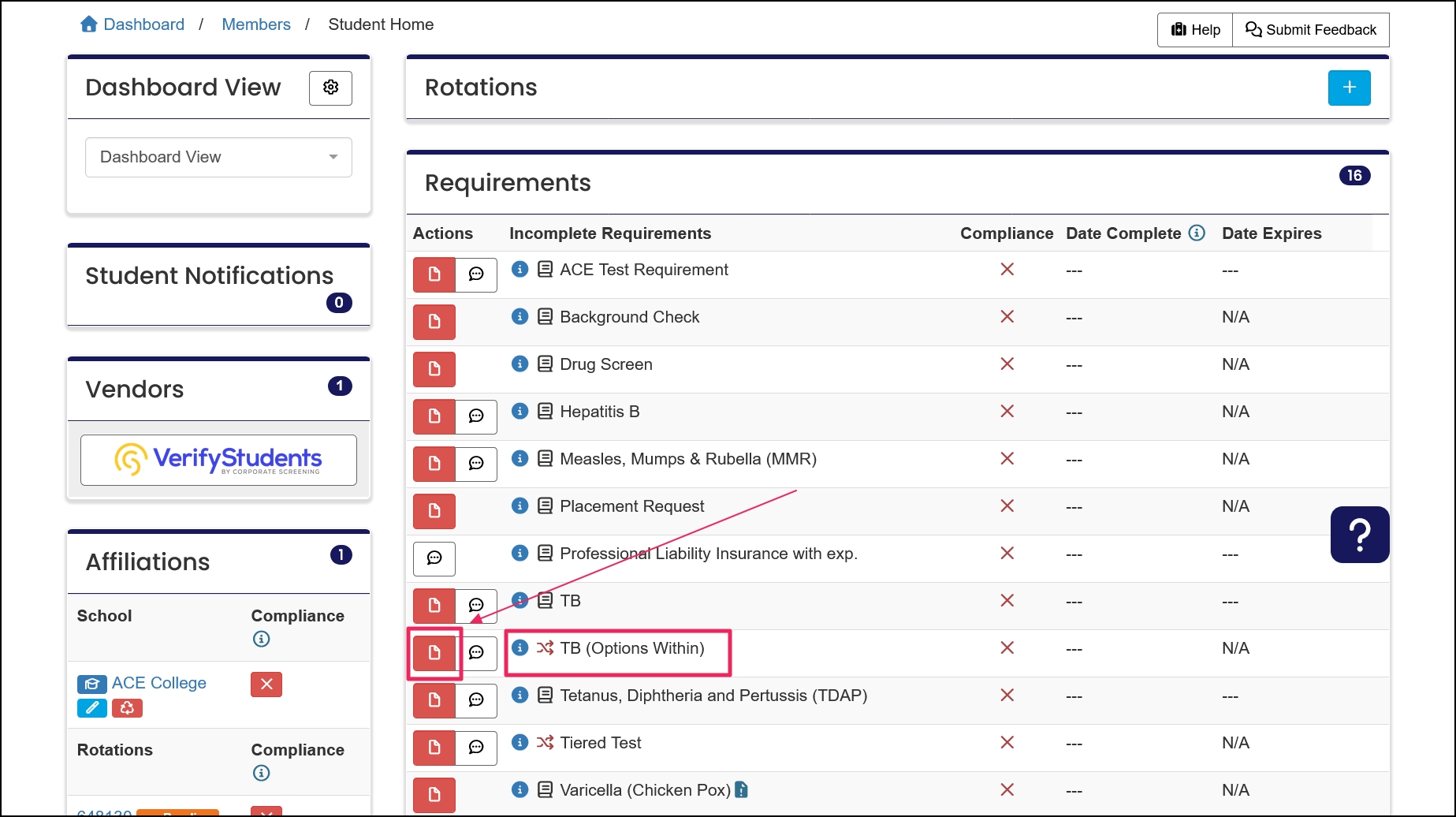 Member home page with the tiered requirement manage requirement button.