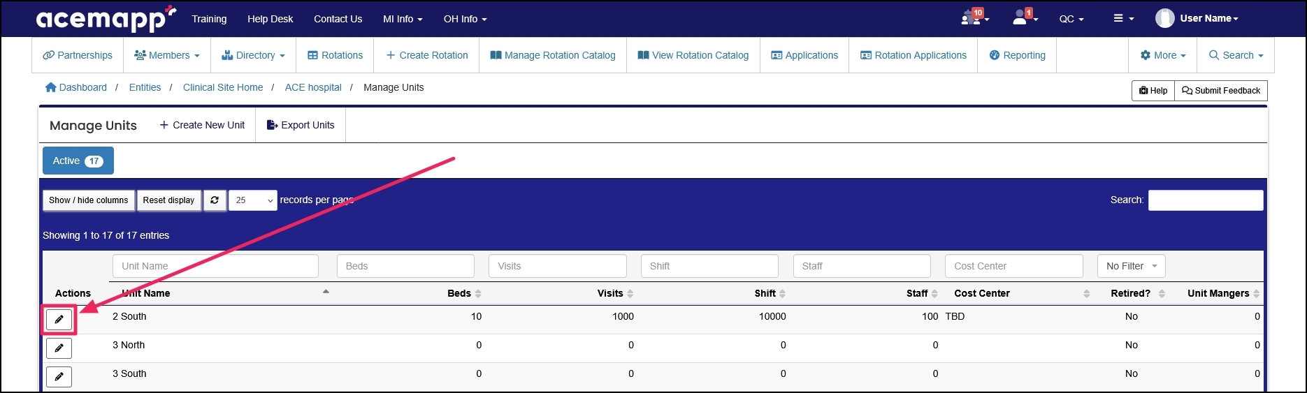 Manage Units table highlighting Edit button.