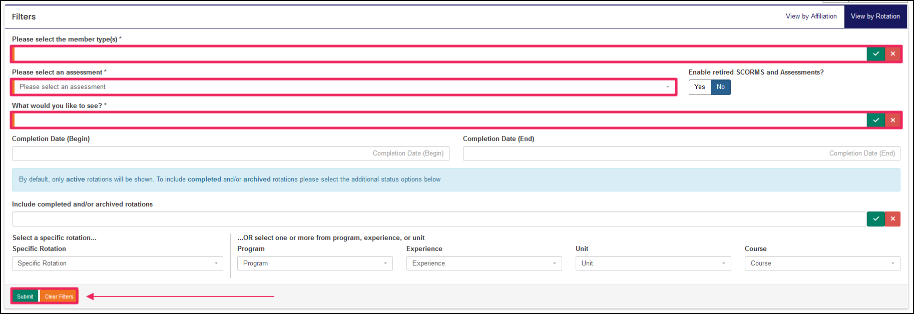 Report Filters highlighting Select Member type, Assessment, and What would you like to see selectors.