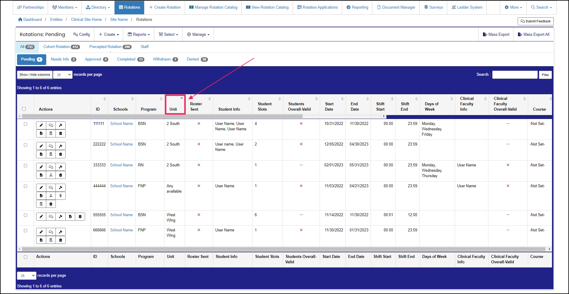 Rotation table highlighting Units column.