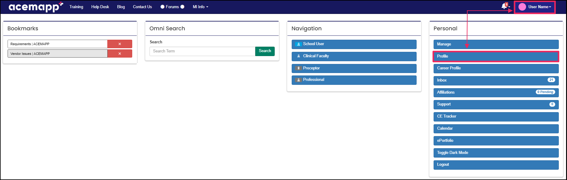 Member dropdown navigation from clicking your name highlighting Profile button.