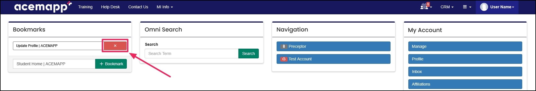 Bookmark section highlighting a red "X" button for deleting bookmark.