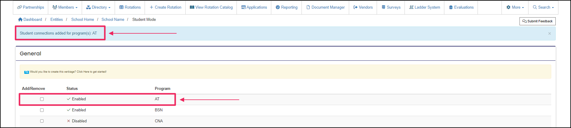 Student Mode table highlighting Student Connections added for Program and Add/Remove row examples.