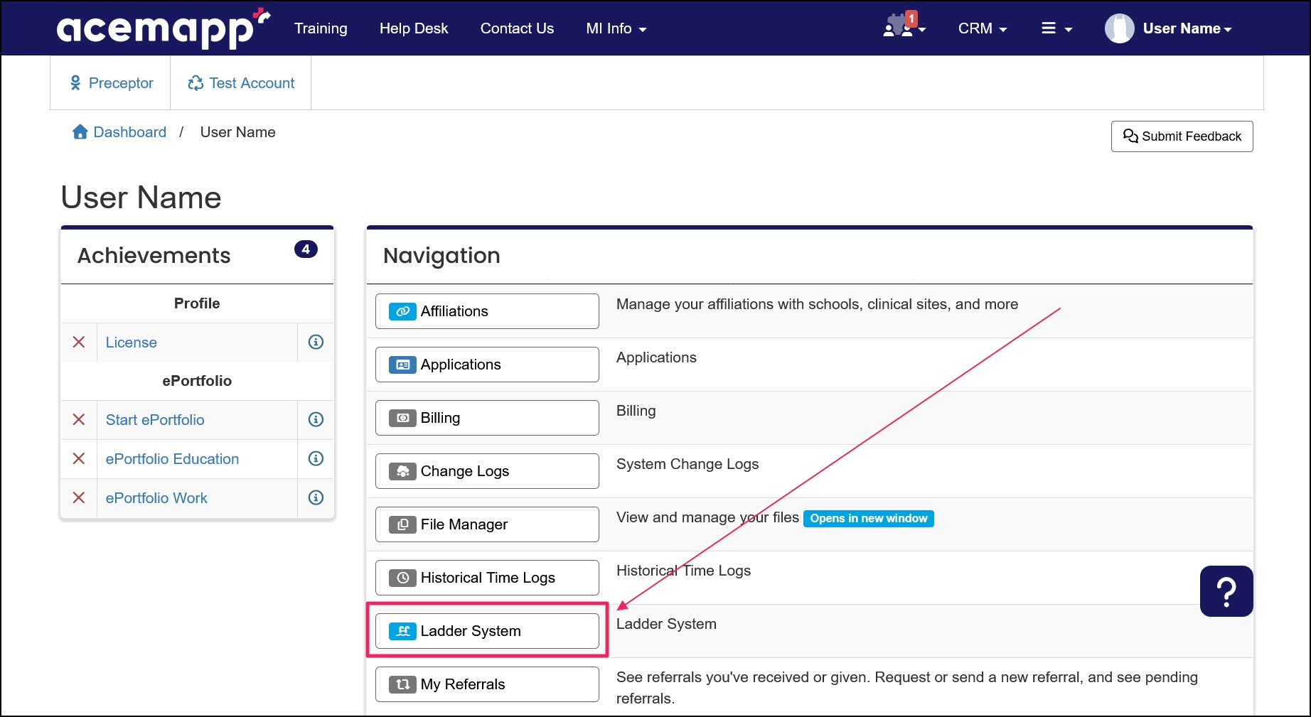 Manage page highlighting Ladder System button.