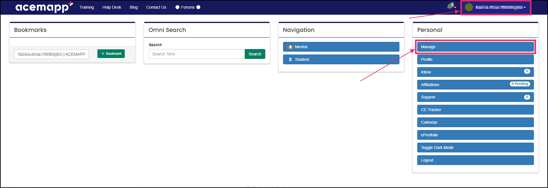 Member main dropdown menu highlighting Manage button.