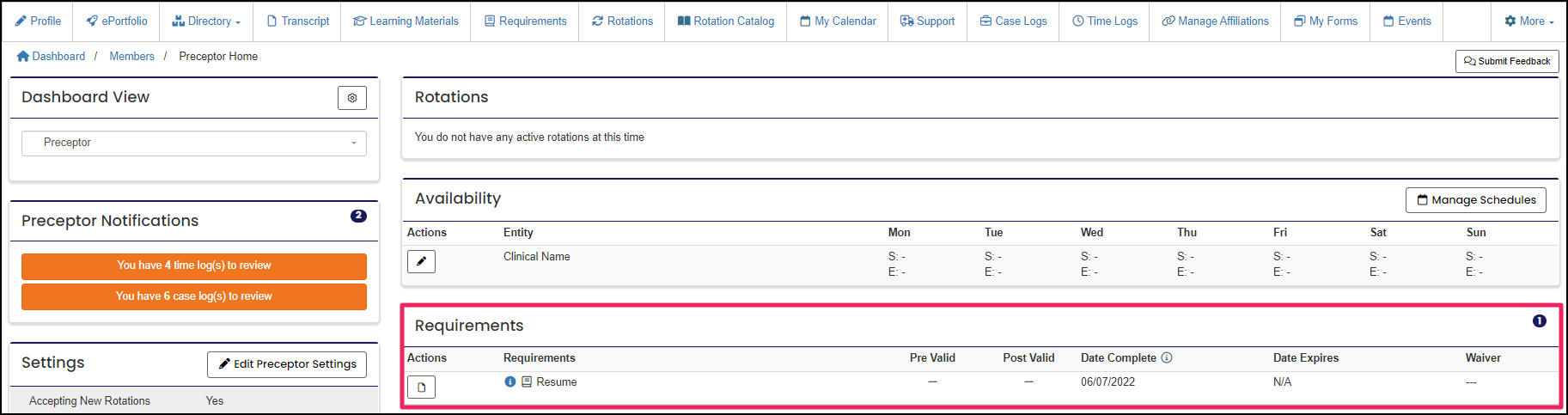 Requirements table on preceptor home page.