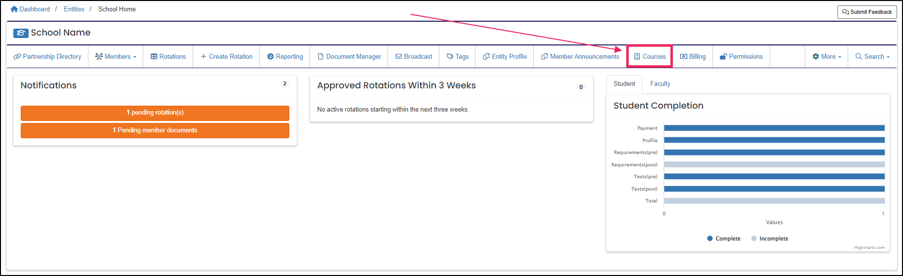 Users home page highlighting Courses button.