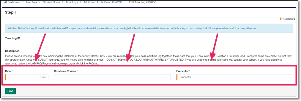 Edit time log example highlighting Date, Rotation/Course, and Preceptor fields.