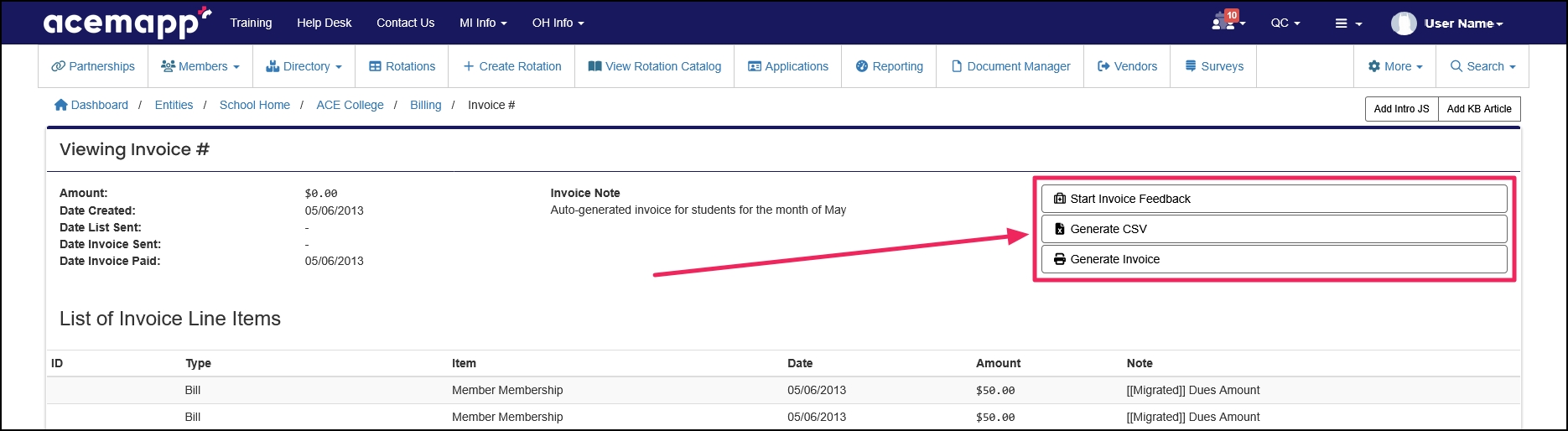 Invoice example highlighting Start Invoice Feedback, Generate CSV, and Generate Invoice buttons.