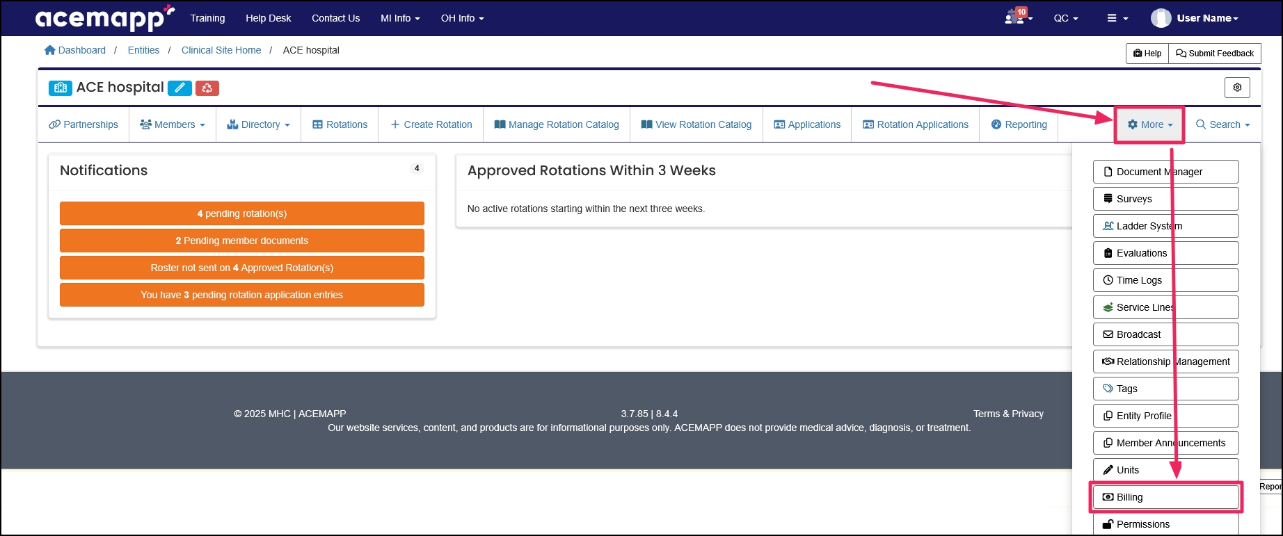 Navigation bar highlighting the More button and the Billing button from the drop-down.