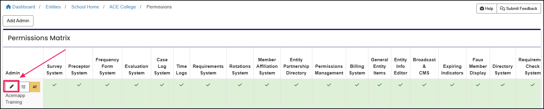 Permissions matrix highlighting the edit button for an entity admin.