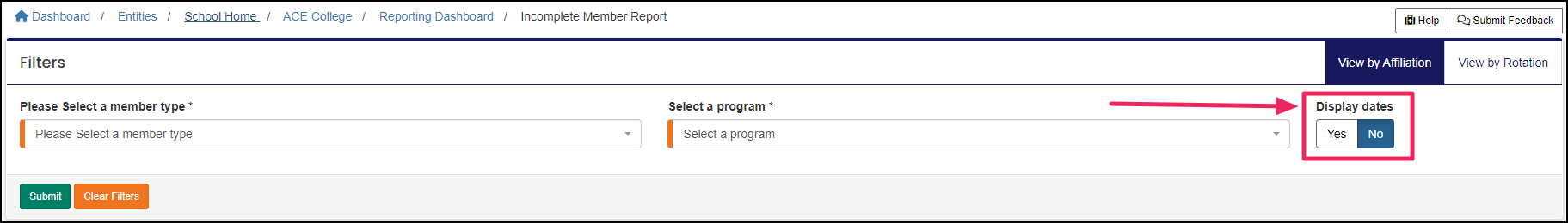 Display dates toggle on incomplete member report.