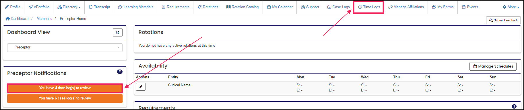 Preceptor Notifications section and Time Logs tab in nav bar.