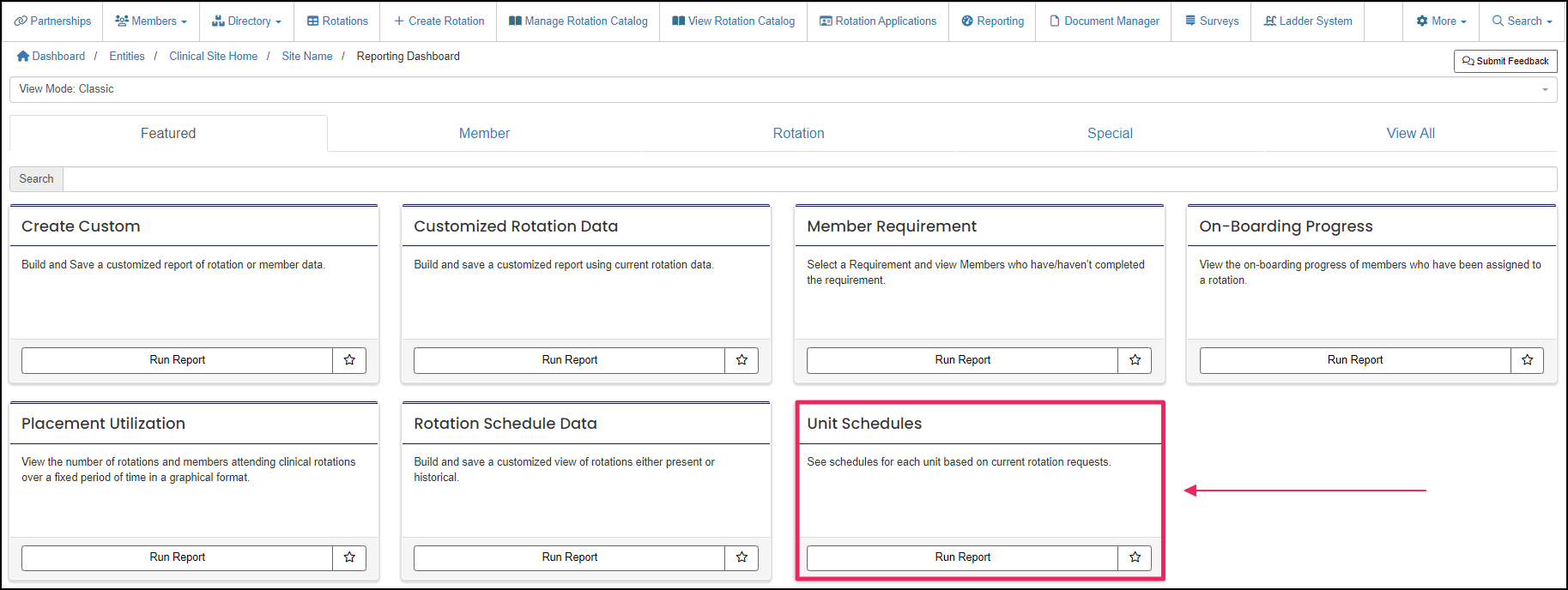 Reporting Dashboard highlighting Unit Schedules report tile.