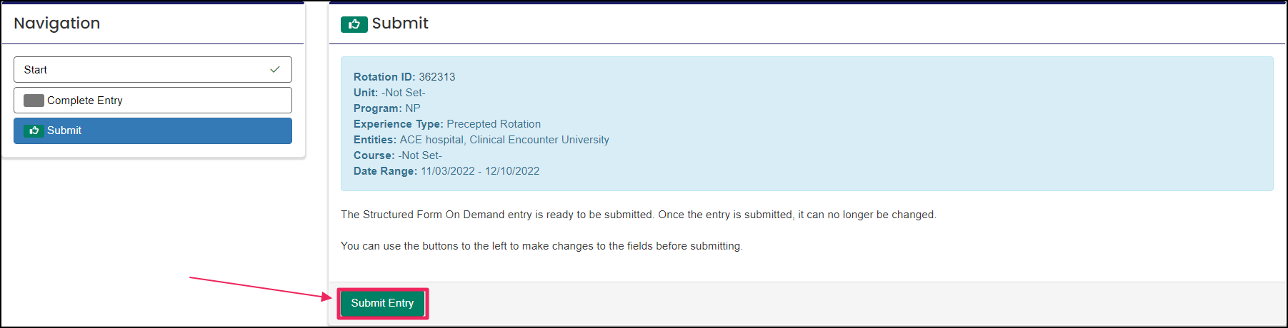 Complete Entry form example highlighting Submit Entry button.