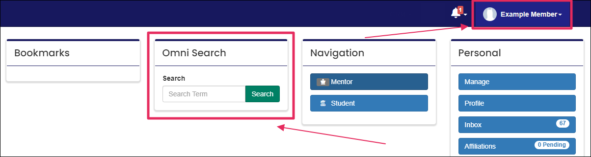 Main drop-down from Name/Avatar highlighting Name/Avatar and Omni Search panel.