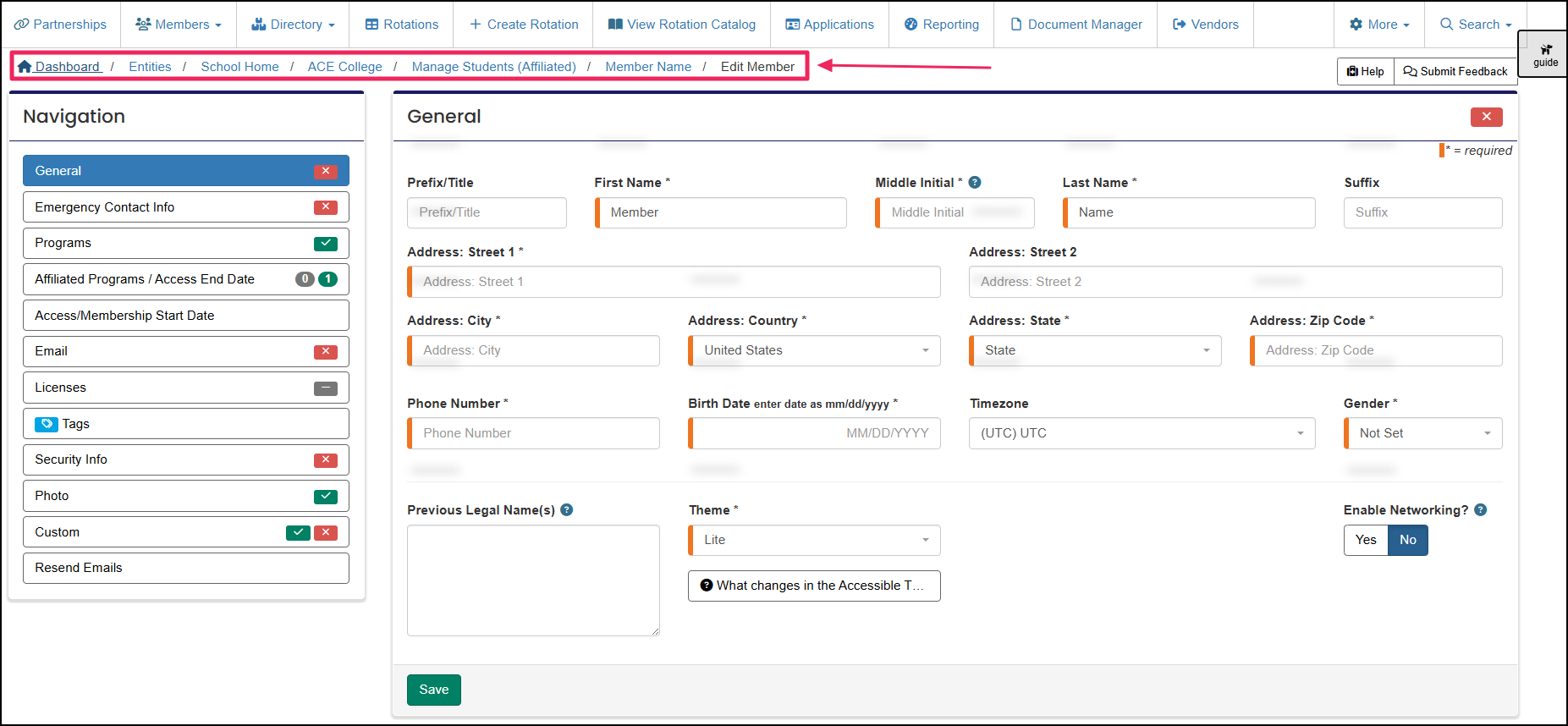 Screenshot of breadcrumb trail on member profile page.