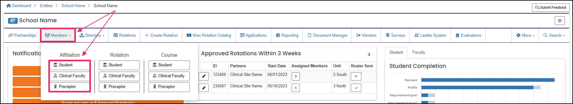 User home page highlighting Members dropdown button and member types in Affiliation column.