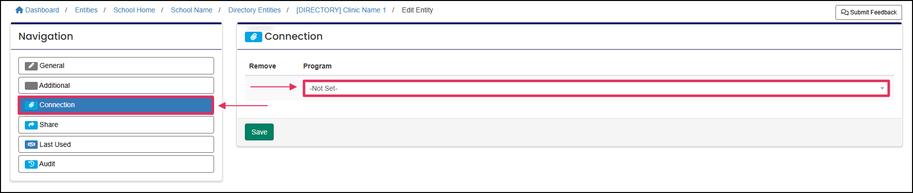 Add Entity Connection form example highlighting Program selector and Connection button.