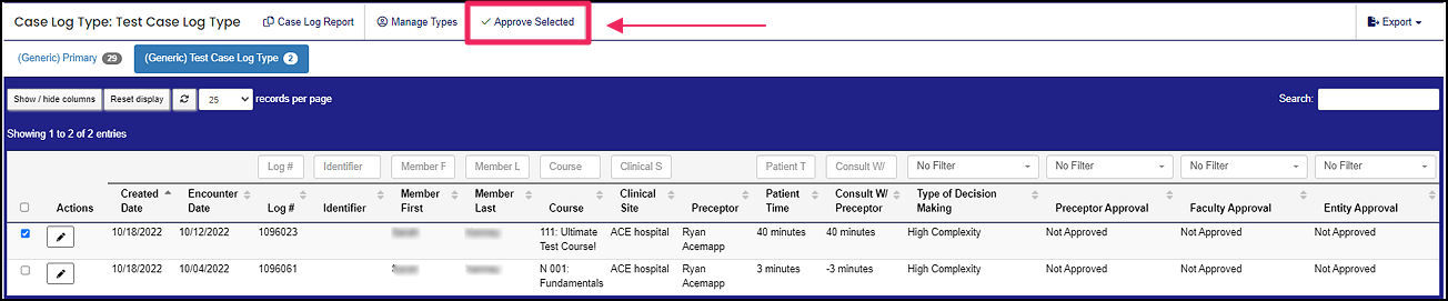 case log table highlighting Approve Selected button