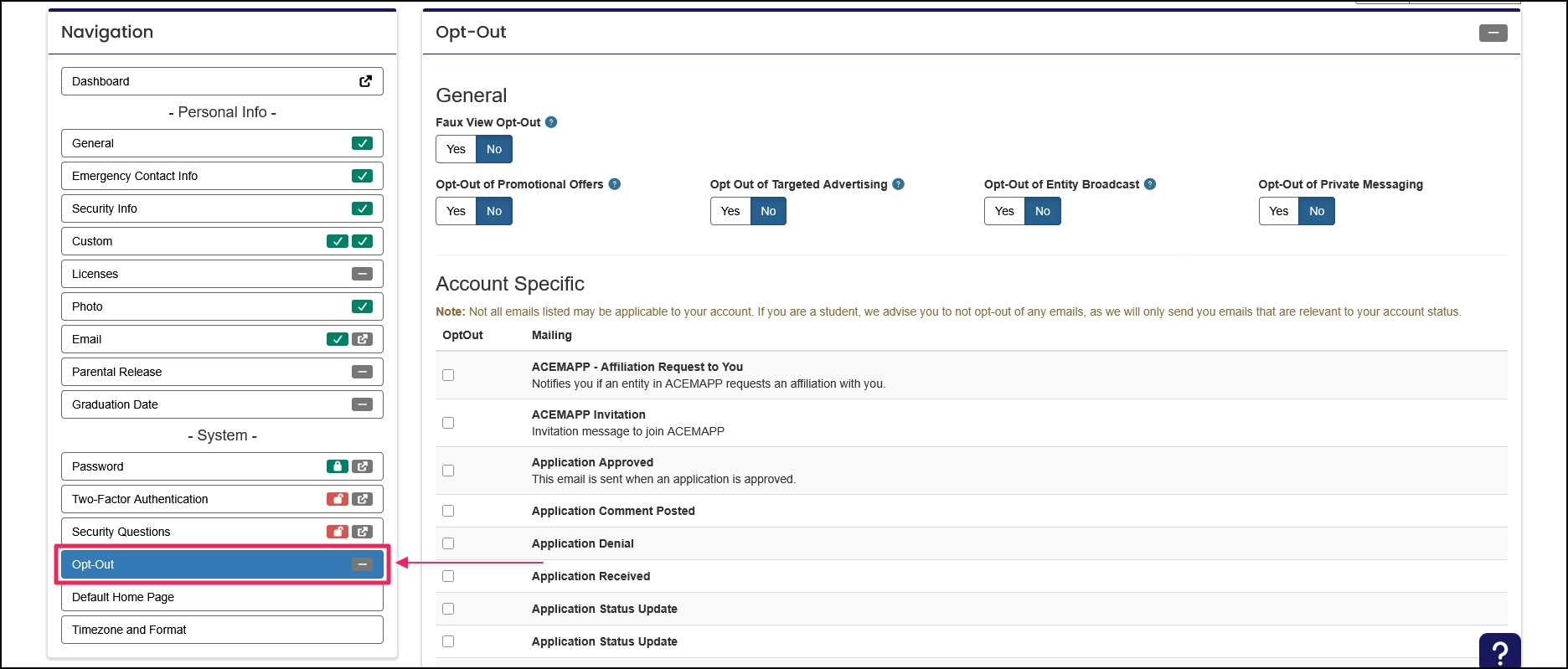 Email opt-out section in profile navigation.