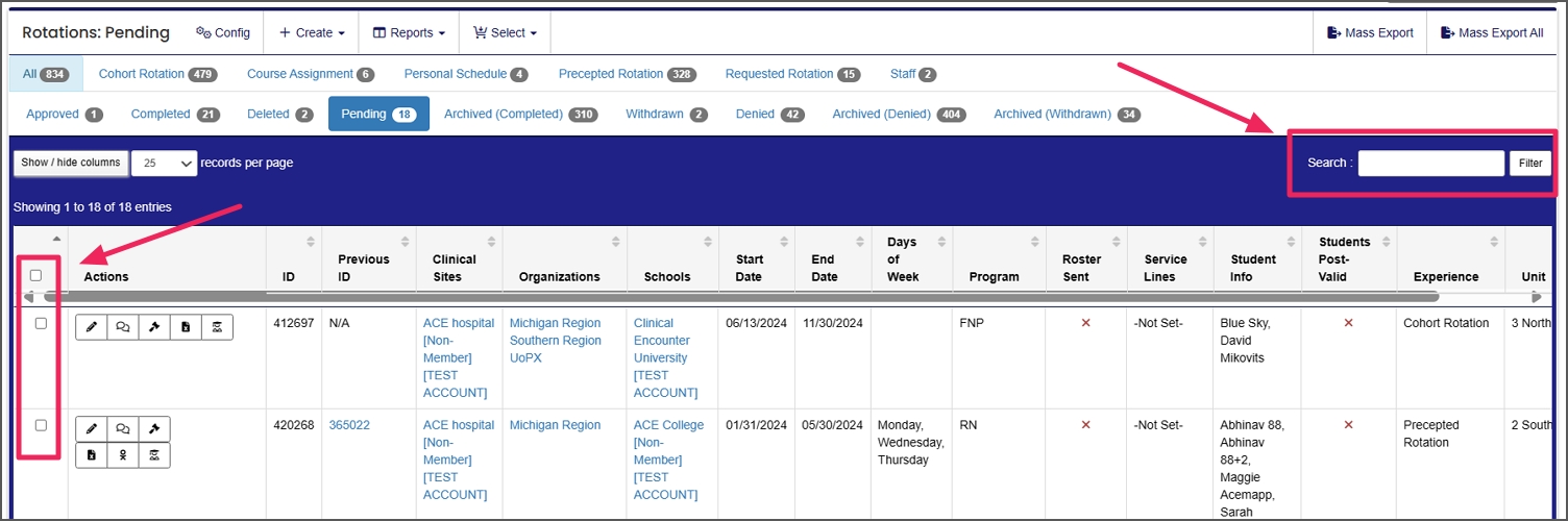 Rotation table example highlighting Search field and check box.