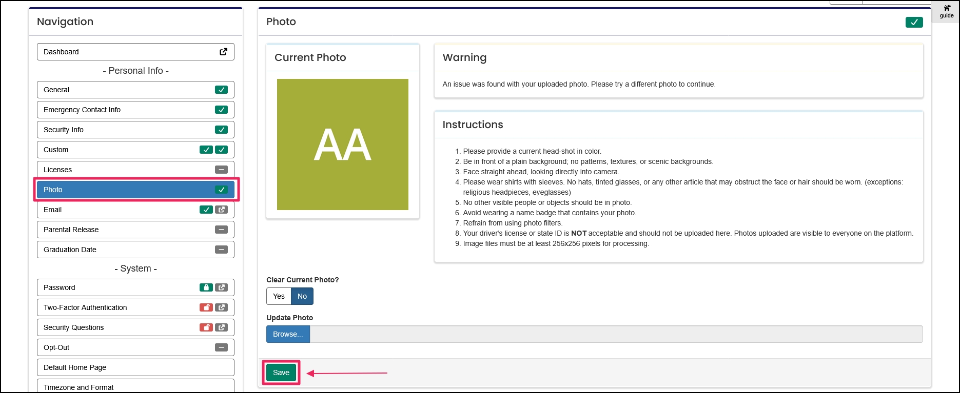 Photo tab in profile with save button.