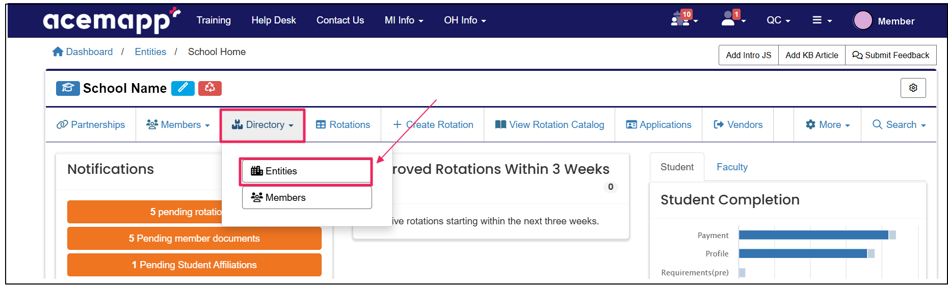 User home page highlighting Directory dropdown and Entities button