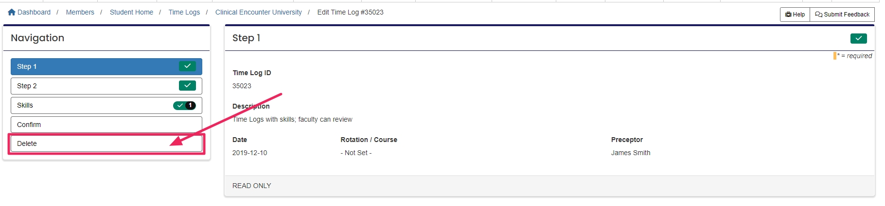 Edit Time Log example highlighting Delete button.
