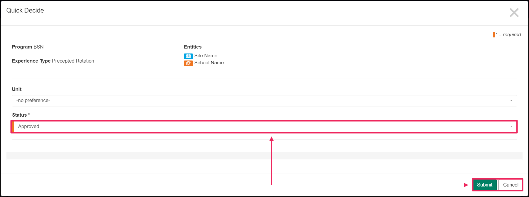 Quick Decide Pop-up highlighting Status and Submit button.