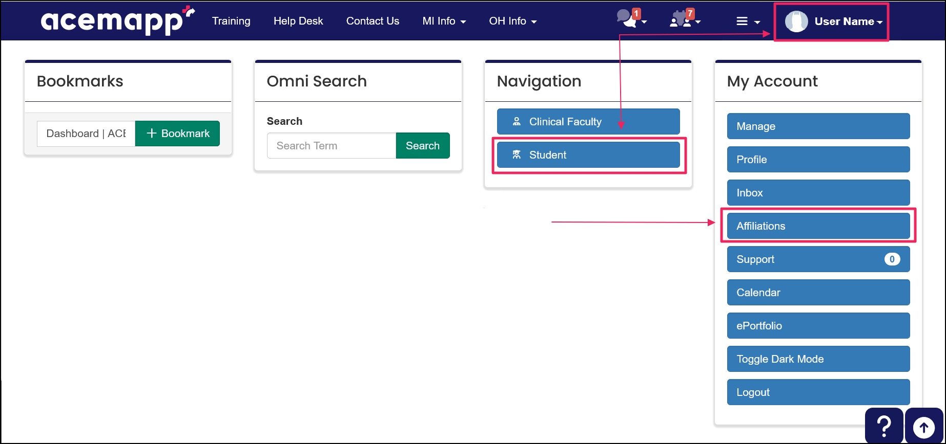 Member name dropdown highlighting the member types under navigation and the affiliations button.