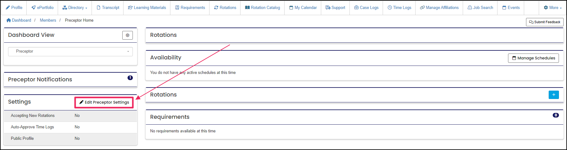 Preceptor home page highlighting the edit preceptor settings button in settings section.