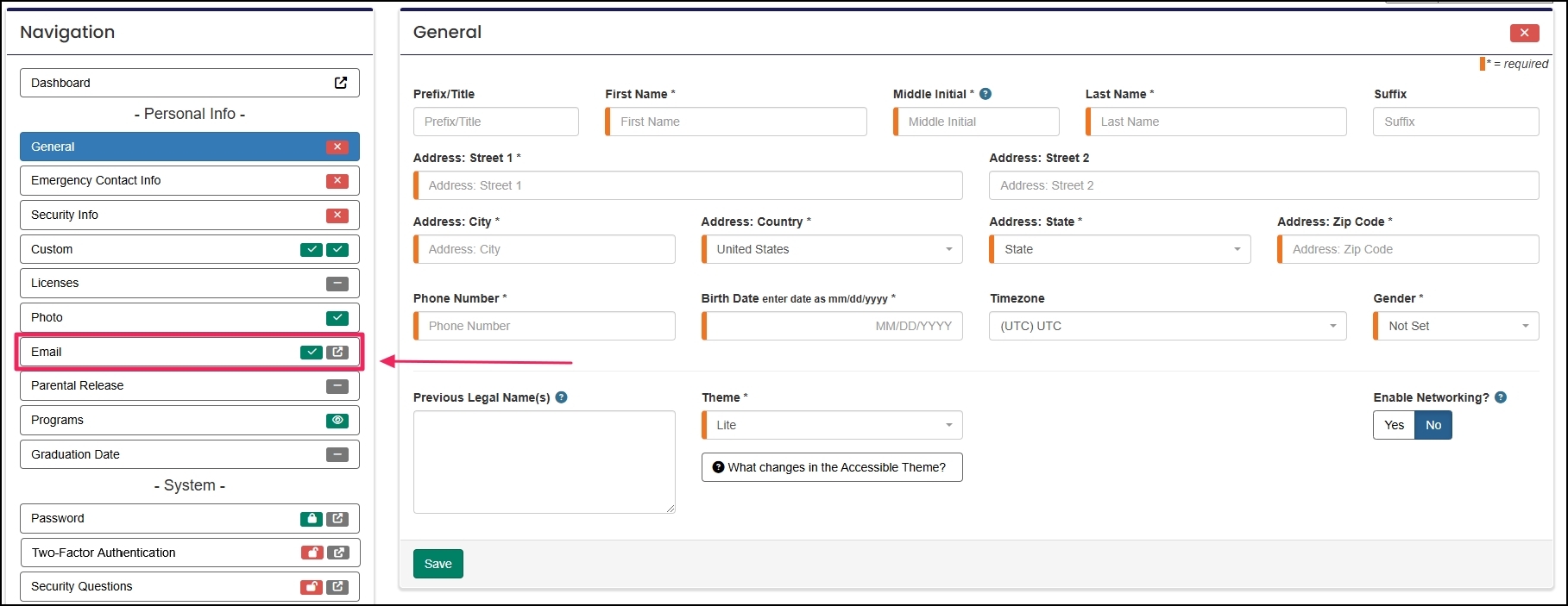 Profile navigation with the 'Email' tab highlighted.