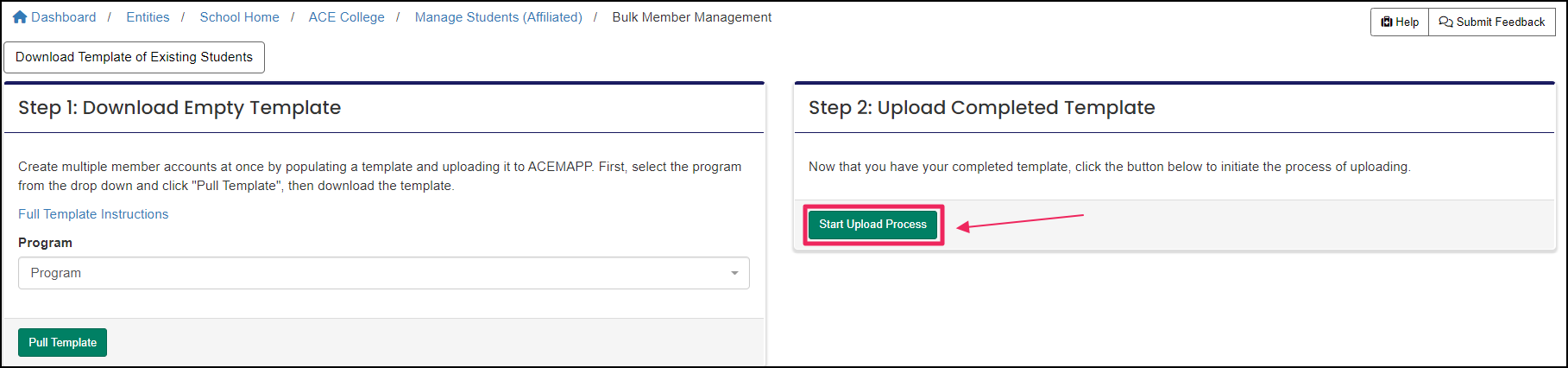 Bulk Manage Member panel highlighting Start Upload Process button.
