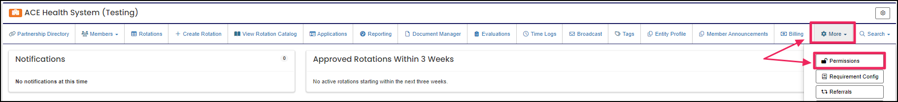 Main navbar highlighting the more dropdown and permissions button.