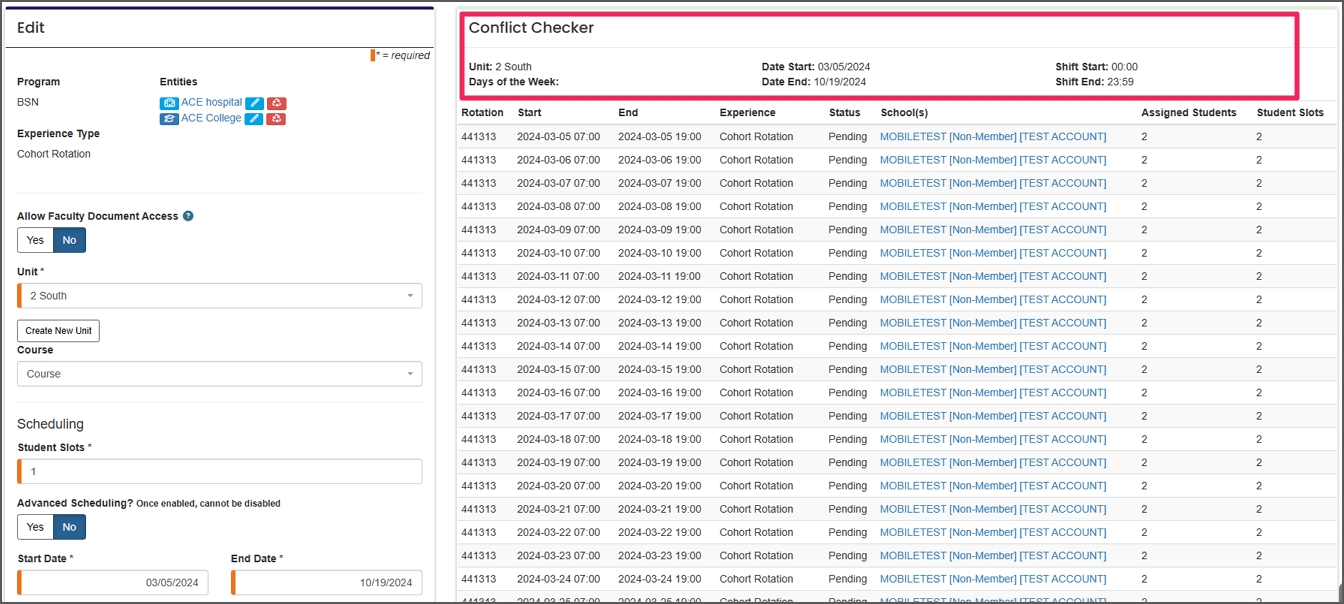 Rotation status and conflict checker example.
