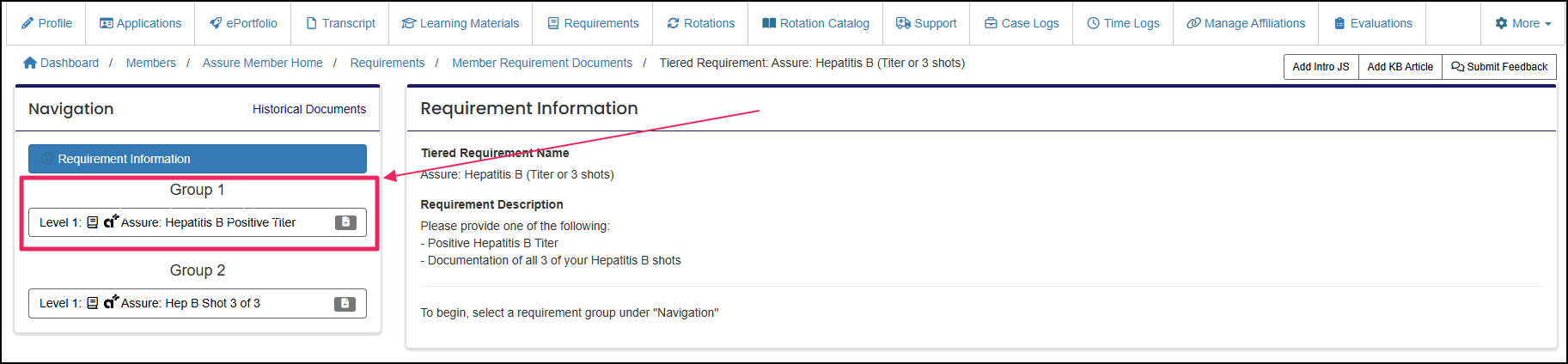 Tiered requirement one group selected within the tiered requirement.