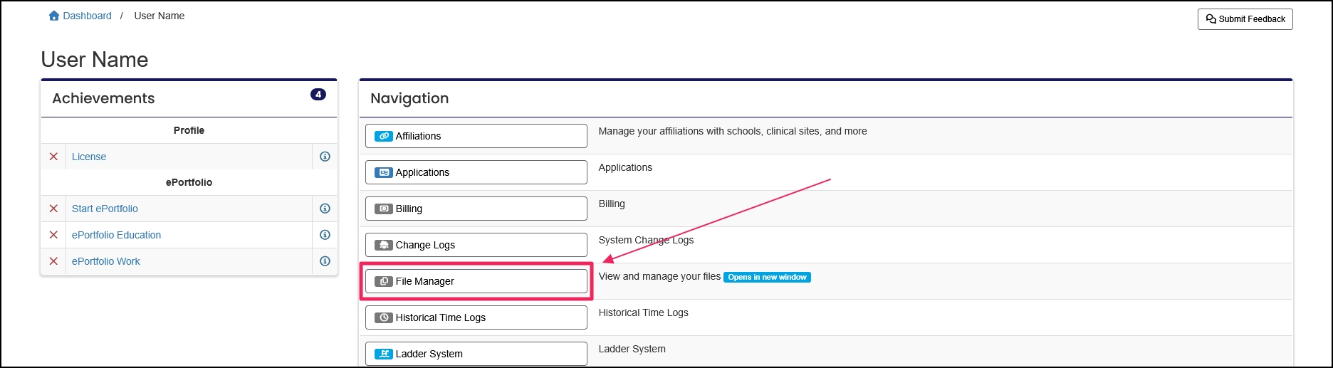 Manage navigation panel highlighting file manager button.