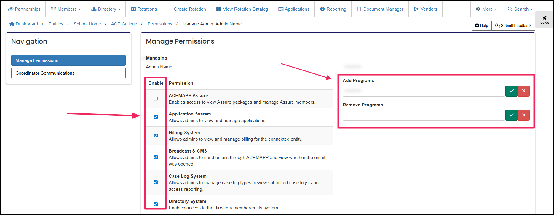 Manage permissions page highlighting the enable checkboxes for permissions and the programs multiselects.